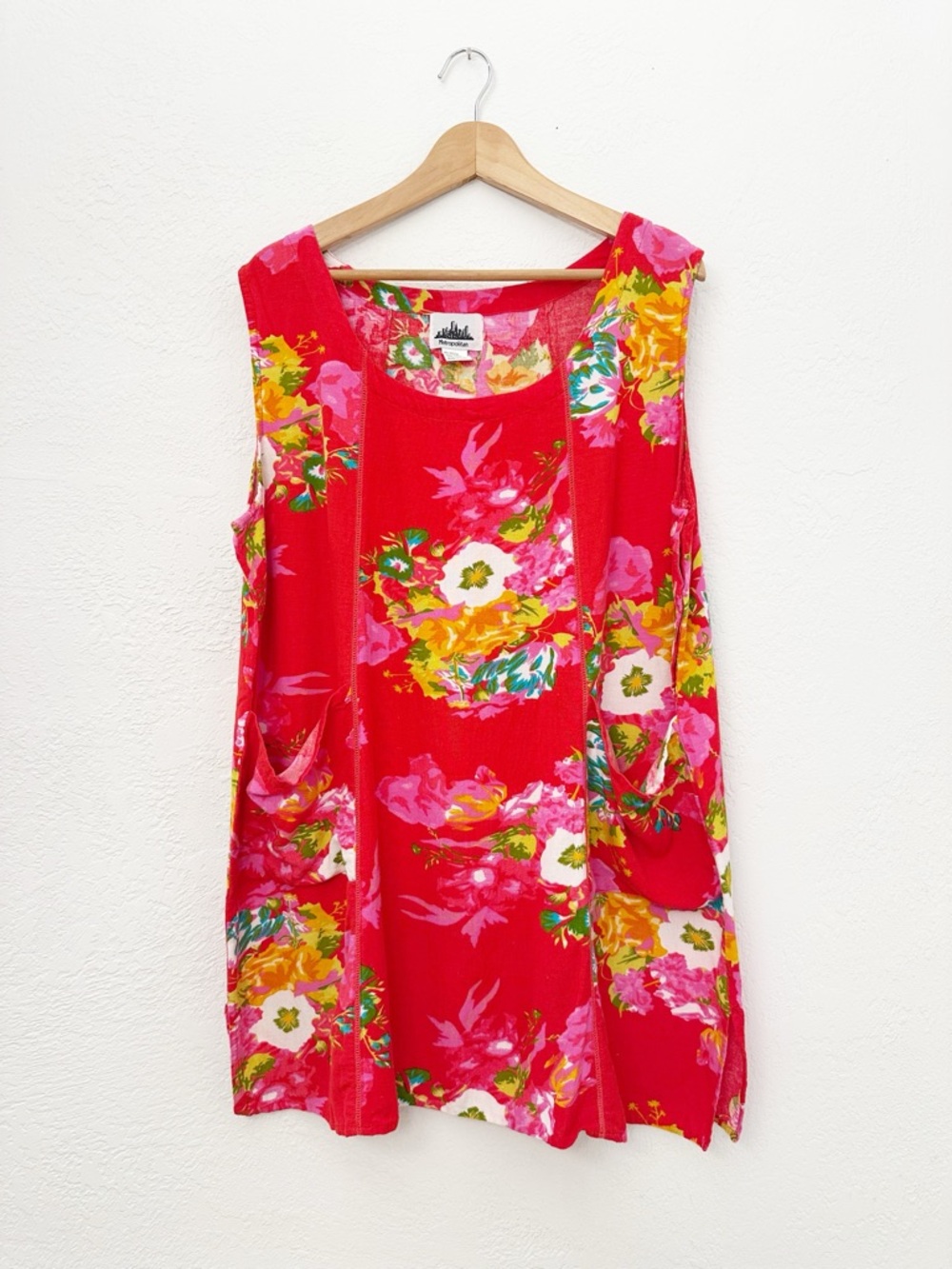 Vintage 90s Y2K Rayon Linen Blend Red Floral Sleeveless Metropolitan Top Size 2X